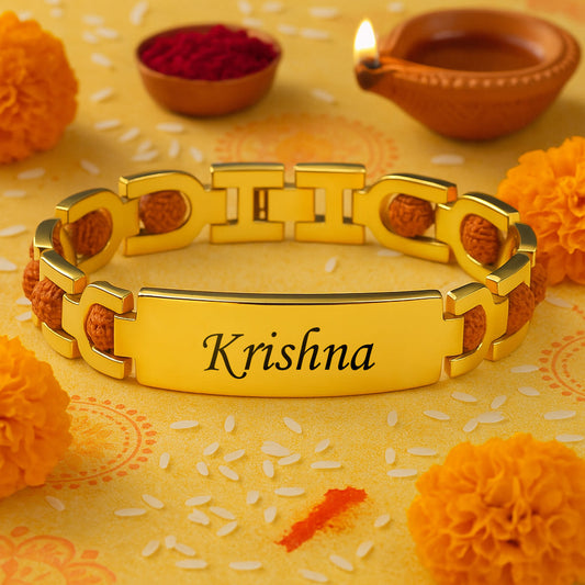 Personalized 24K Gold Plated Bracelet Style Rudraksha Name Rakhi