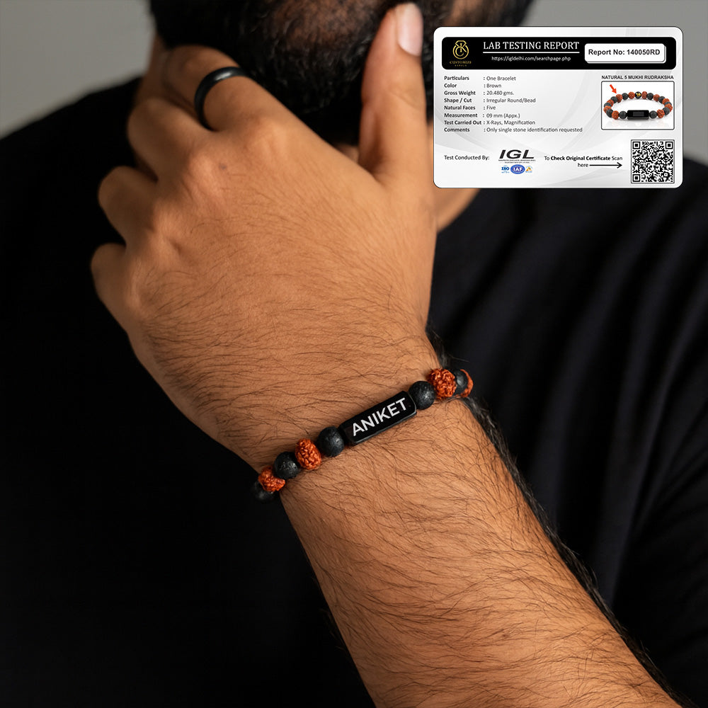 Natural Lava with Rudraksha Bracelet | Name Engraved | Lab Tested & Certified