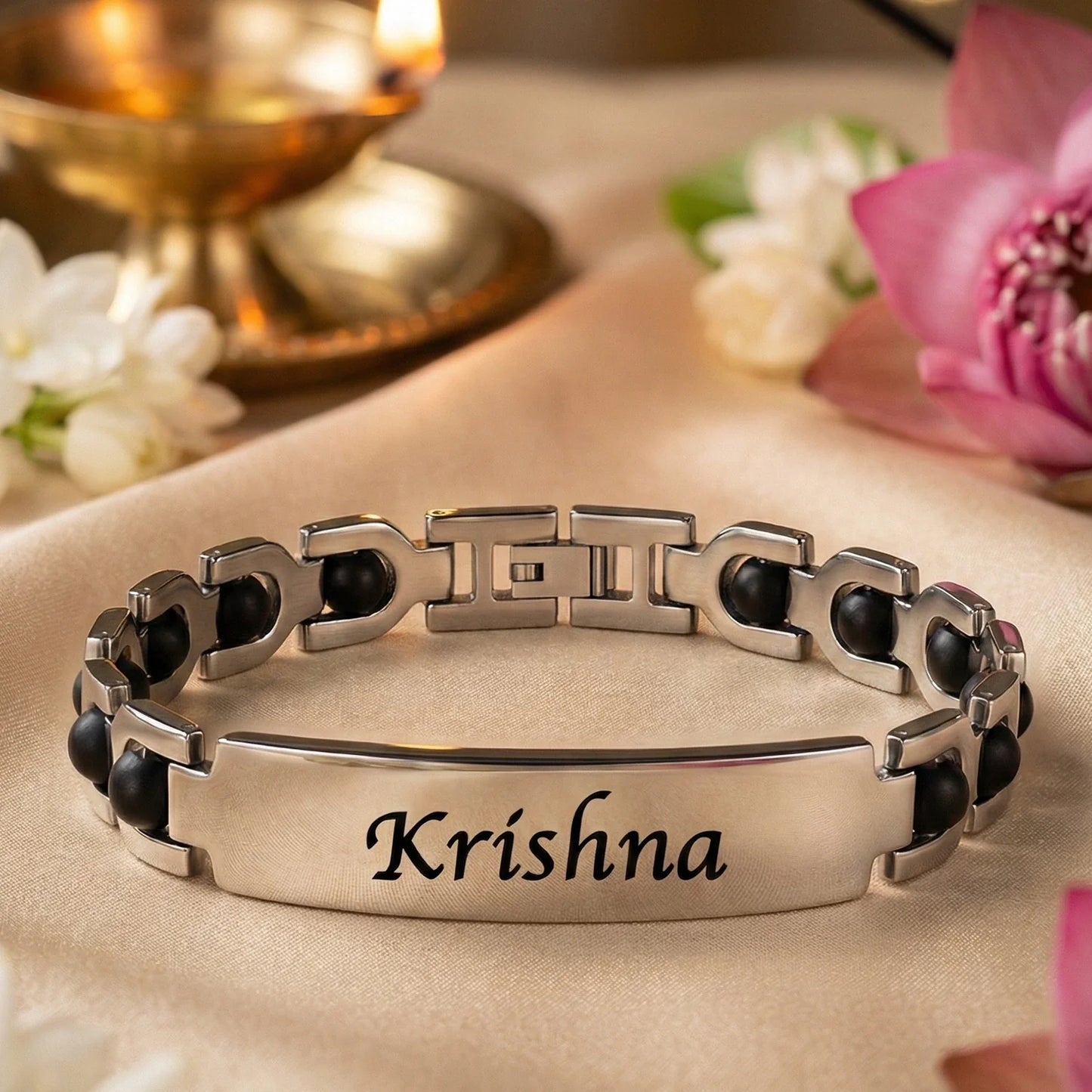 Personalized Bracelet Style Karungali Name Rakhi | Lab Tested & Certified | 1 Year Color Warranty