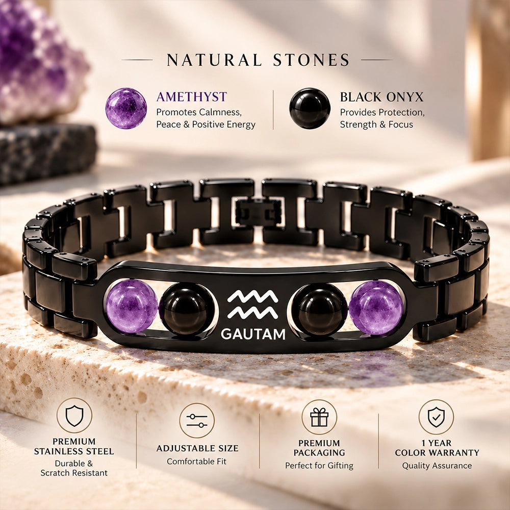Personalized Aquarius Zodiac Stone Name Bracelet | Lab Tested & Certified