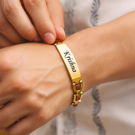 Personalized 24K Gold Plated Bracelet Style Rudraksha Name Rakhi