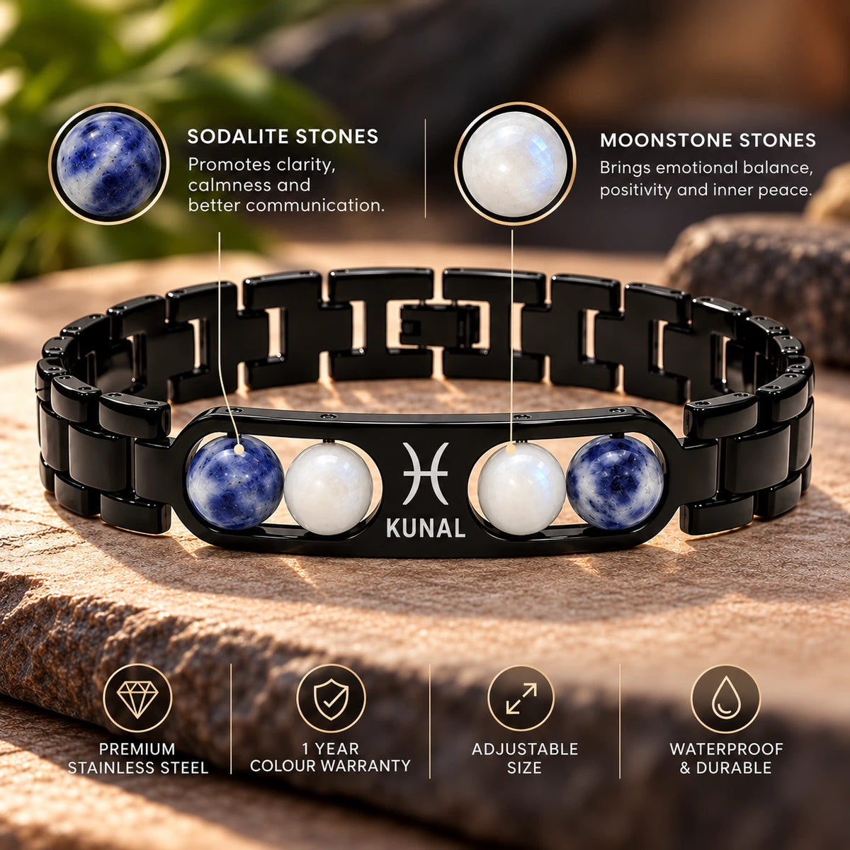 Personalized Pisces Zodiac Stone Name Bracelet | Lab Tested & Certified