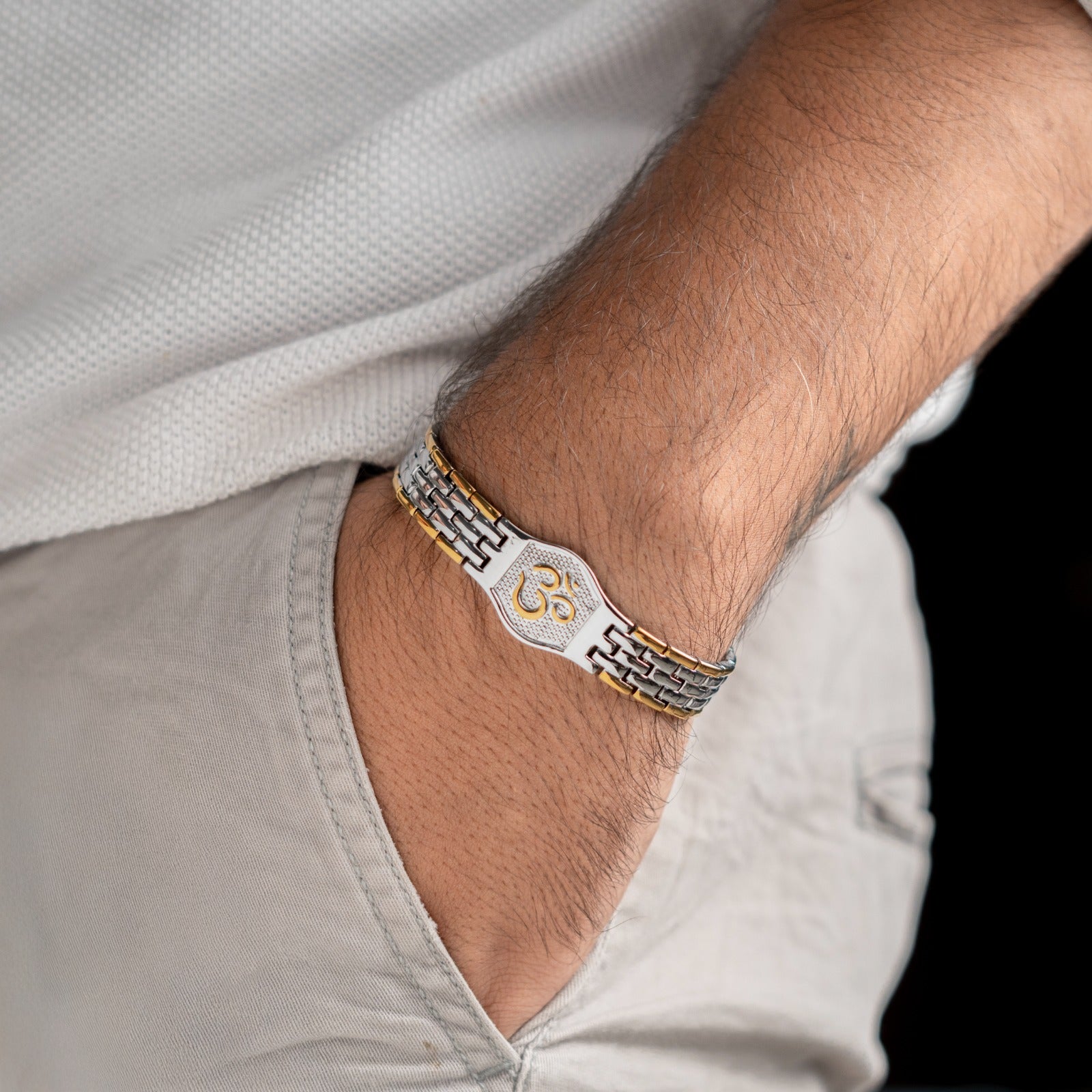 Sacred Lock Elegant Dual Tone Om Bracelet for Men
