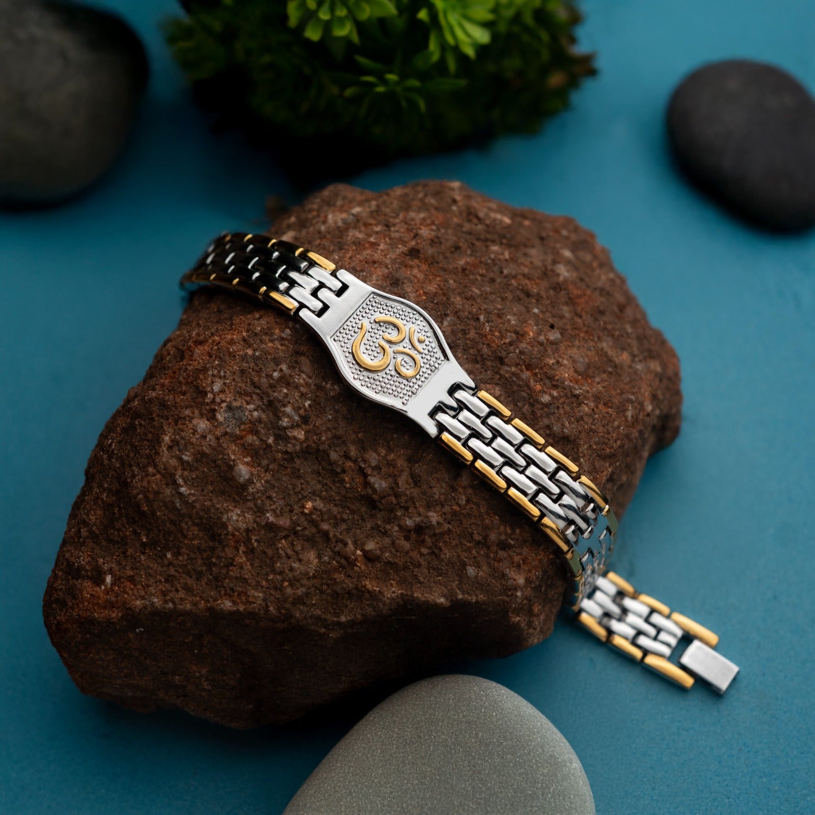 Sacred Lock Elegant Dual Tone Om Bracelet for Men