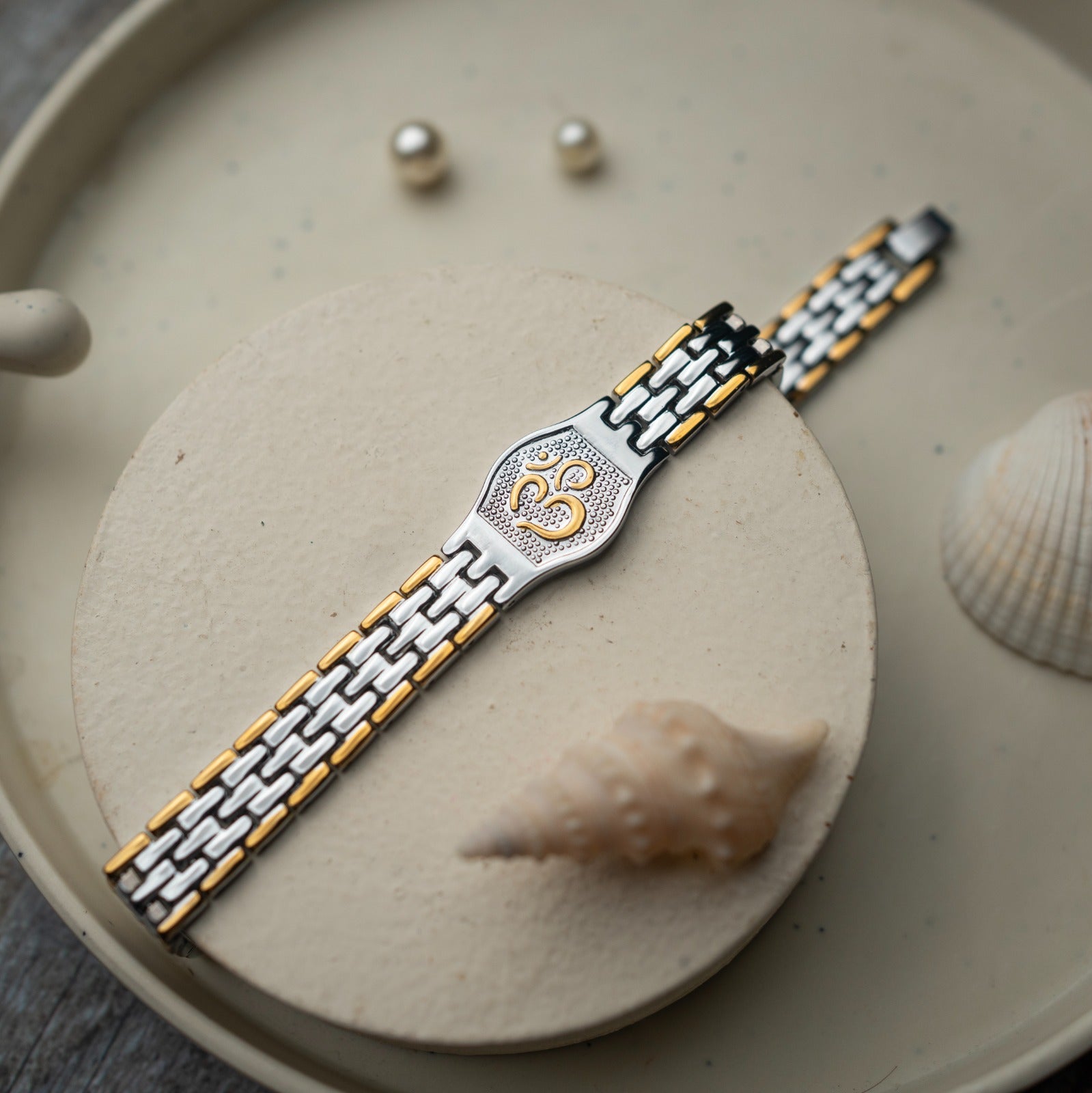 Sacred Lock Elegant Dual Tone Om Bracelet for Men