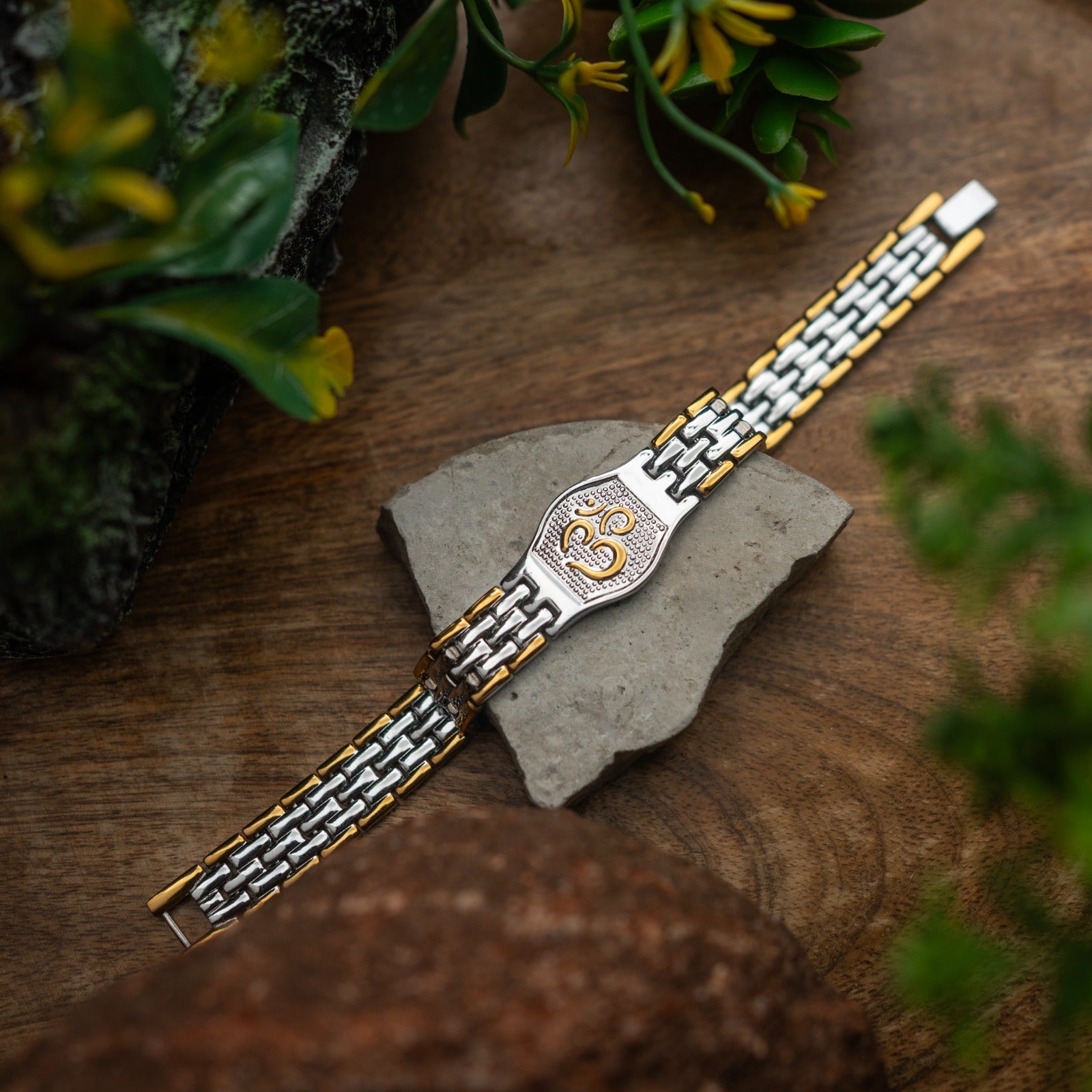 Sacred Lock Elegant Dual Tone Om Bracelet for Men